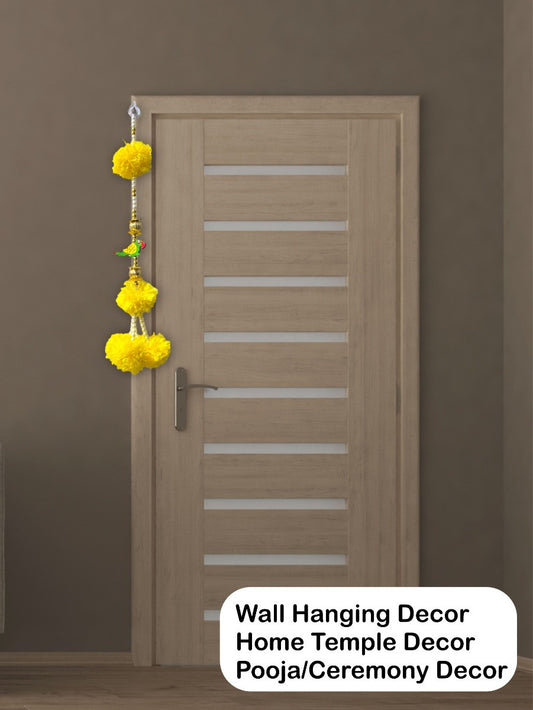 Smaran Artificial Marigold Flowers and Parrot Door Hanging, Toran with Golden White Beads Traditional Door Hanging Latkan for Door, Wall Hanging, Home Decor, Pooja Room, Latkan for Festival Decoration