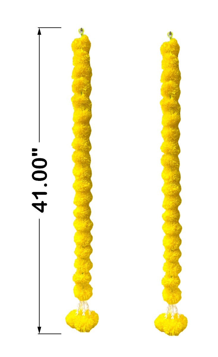 Two yellow braided dog toys with measurements on a white background