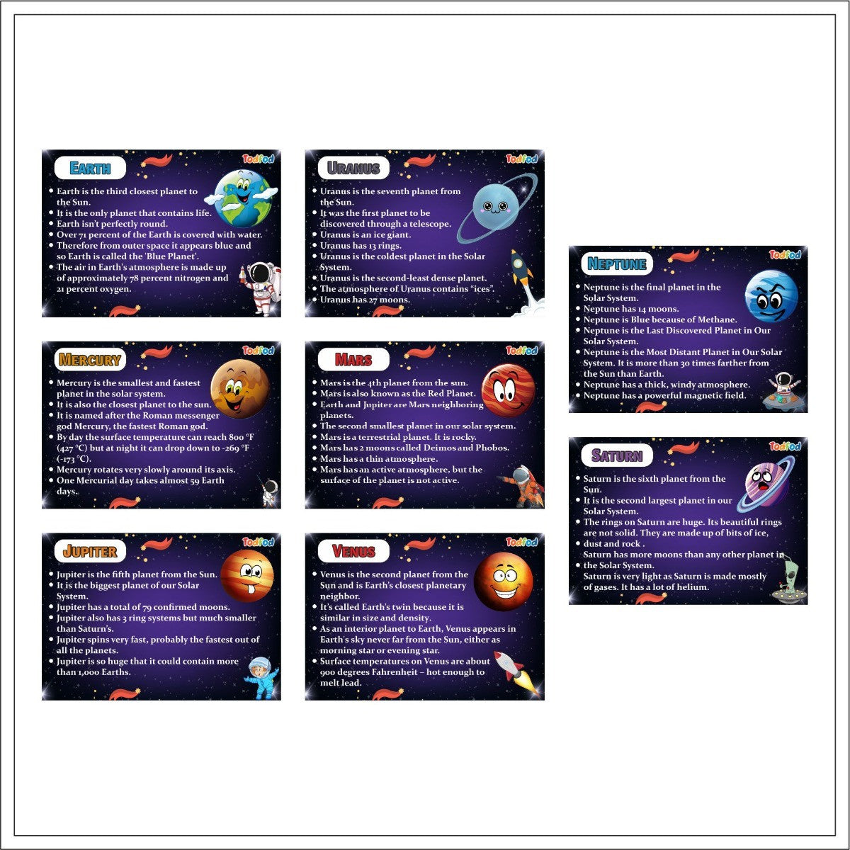 Educational cards about planets with cartoon illustrations on a white background
