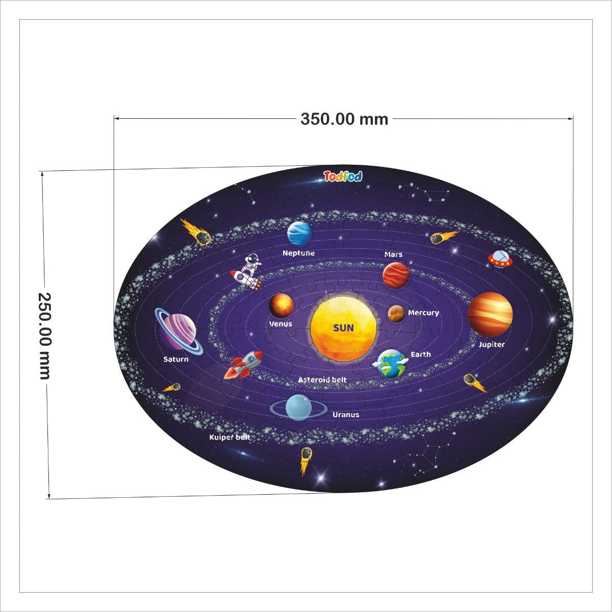 Solar system diagram with planets and stars on a dark background, showing dimensions.