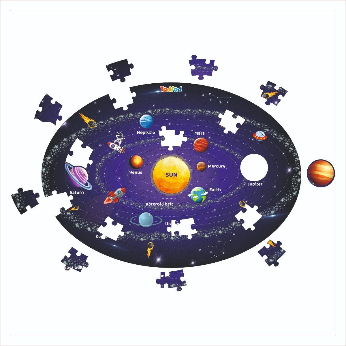 Solar system puzzle with missing pieces on a white background