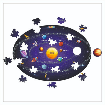 Solar system puzzle with missing pieces on a white background