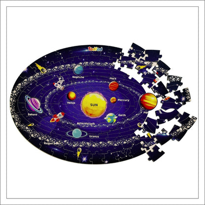 Solar system-themed puzzle with planets and stars on a dark blue background