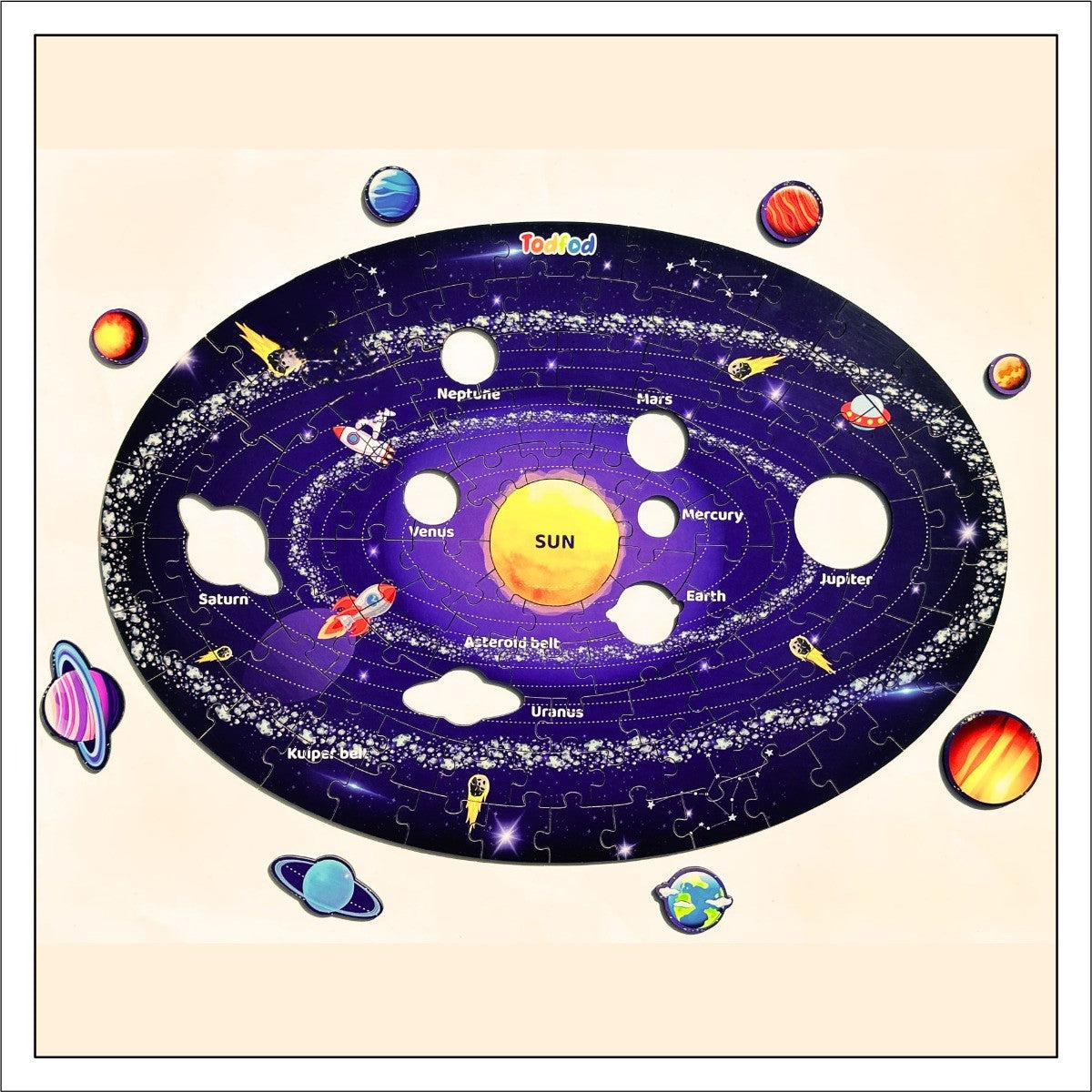 Solar system puzzle with colorful planets and stars on a beige background
