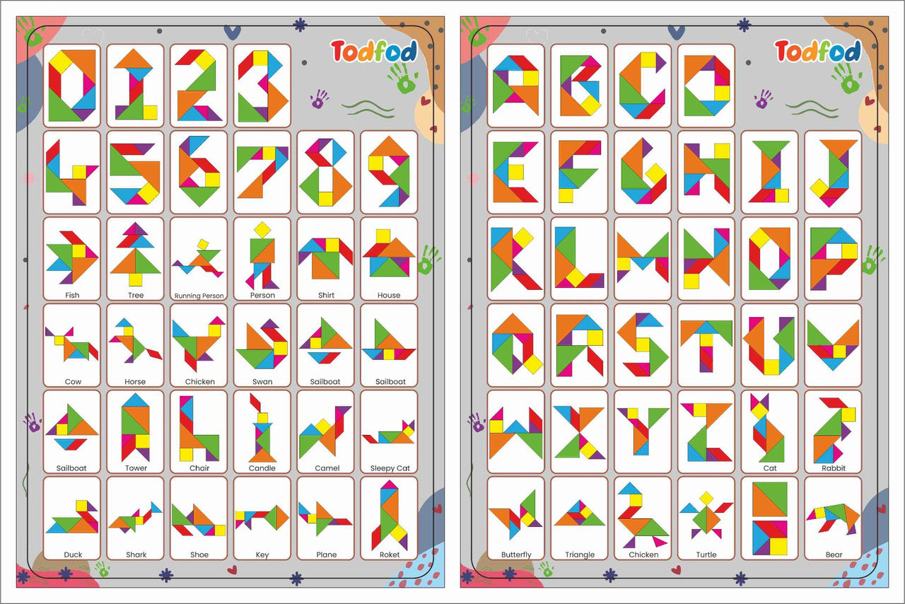 Two educational posters with colorful letters and numbers for children, featuring the brand 'Tadfoo'.