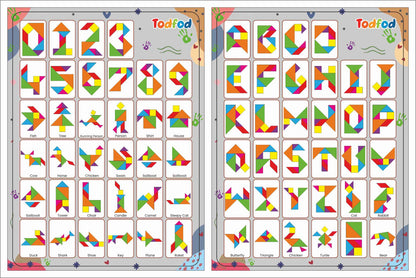 Two educational posters with colorful letters and numbers for children, featuring the brand 'Tadfoo'.