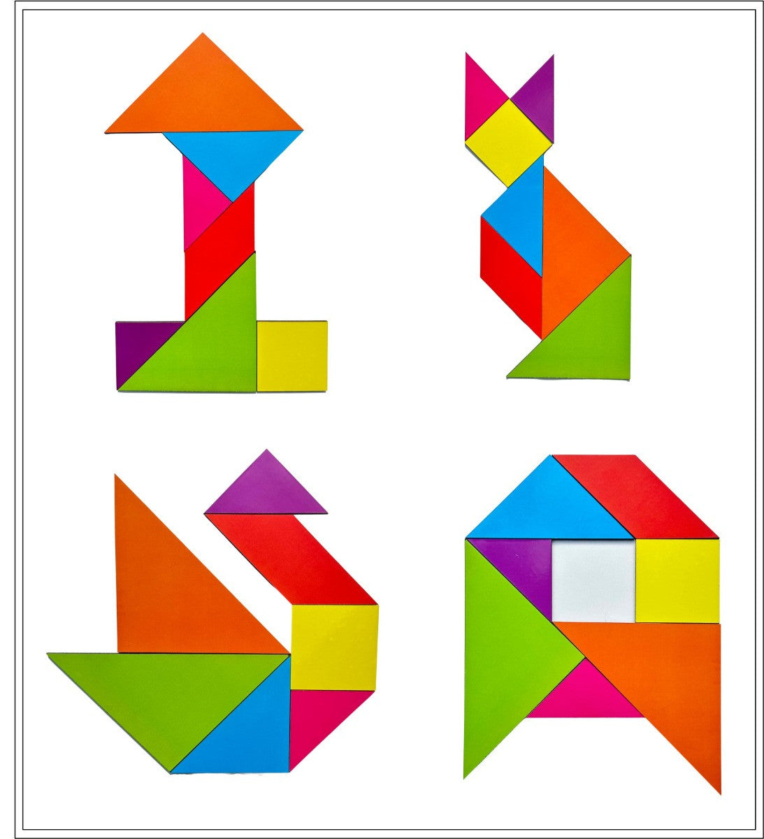 Four colorful tangram puzzles shaped like a cat, dog, bird, and fish on a white background.