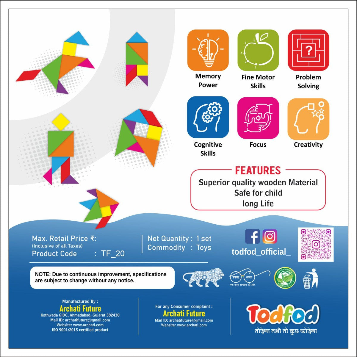 Product packaging for toys with colorful geometric shapes and cognitive skills icons, featuring the brand Todfod.