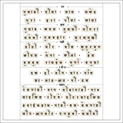 Sheet of Hindi words with different fonts and styles on a white background