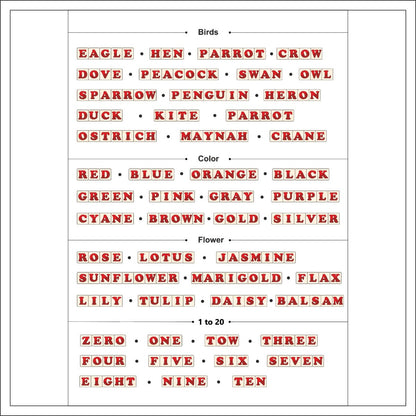 List of bird names, colors, and numbers in red text on a white background