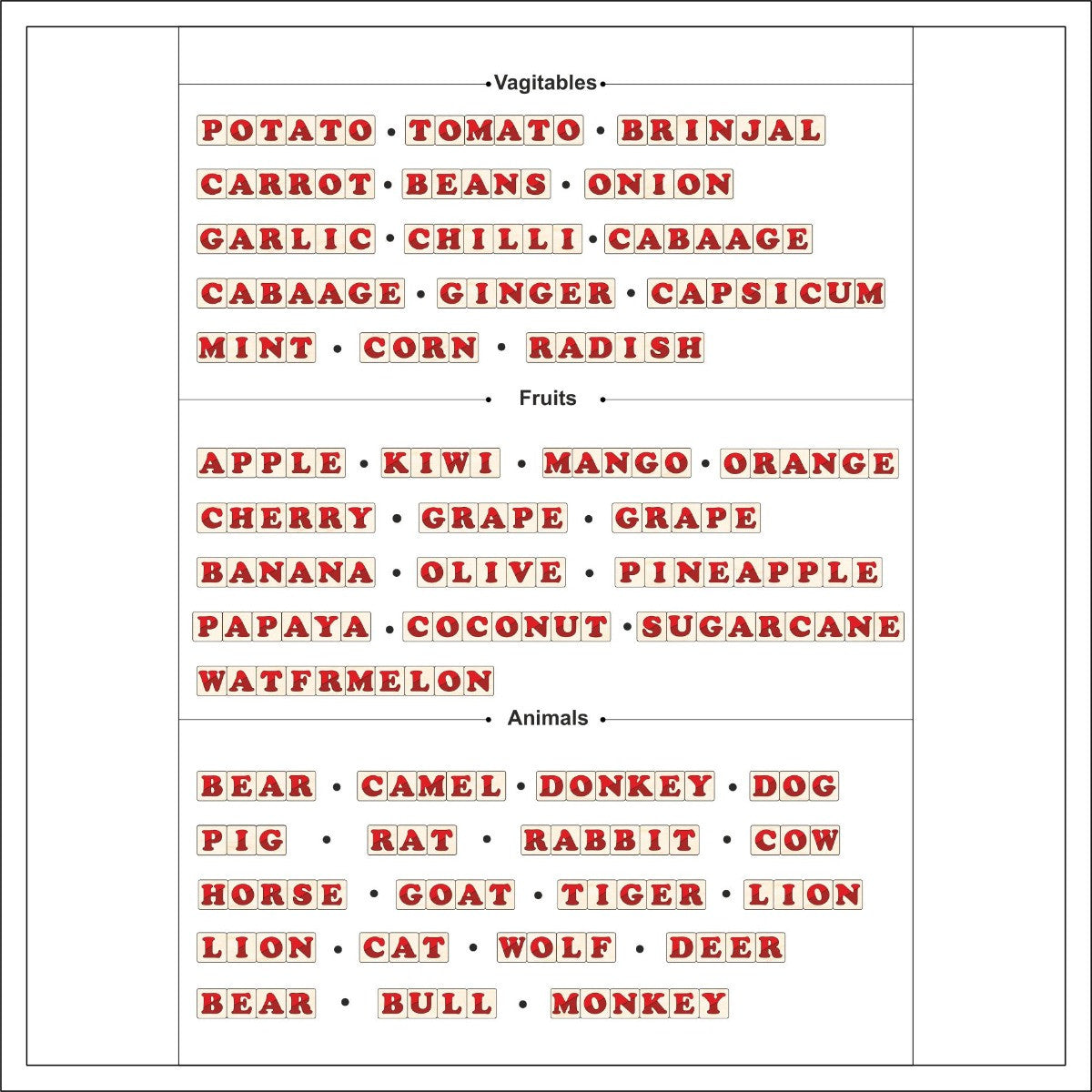 List of vegetables, fruits, and animals in red text on a white background