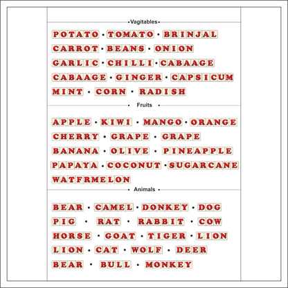 List of vegetables, fruits, and animals in red text on a white background