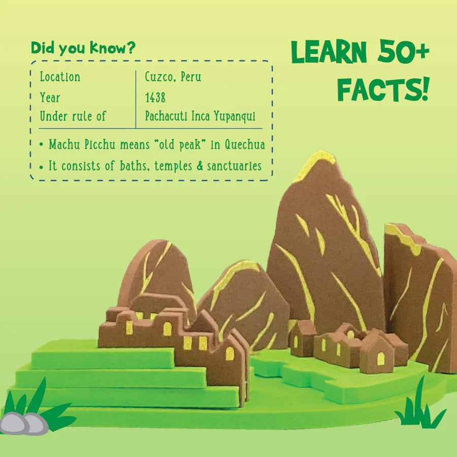 Educational graphic about Machu Picchu with text and illustrations on a green background