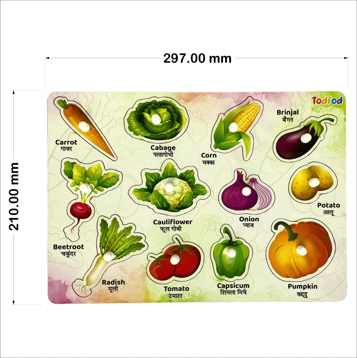 Educational vegetable puzzle with labeled images and dimensions on a white background