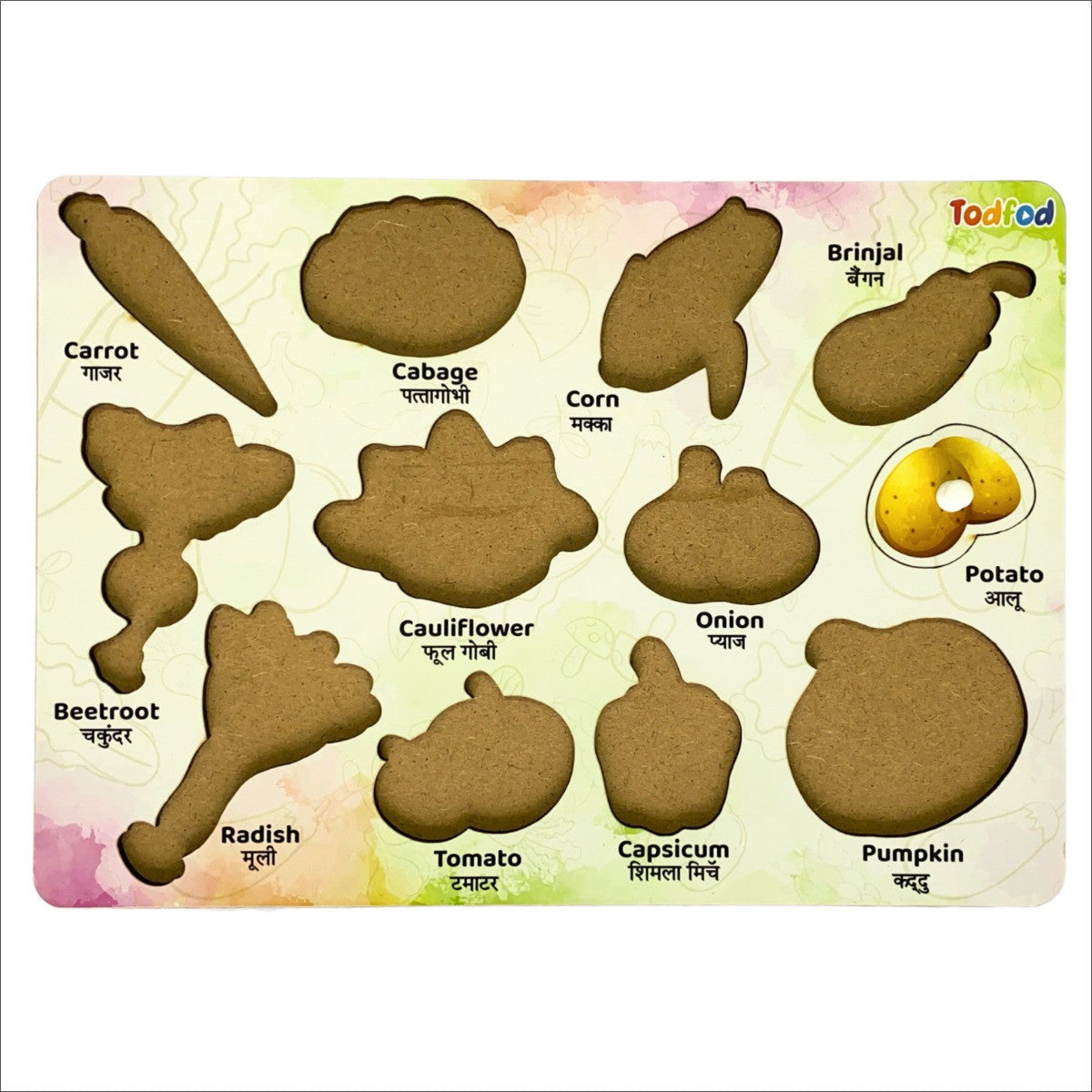 Educational vegetable-shaped puzzle for children with labels in multiple languages.
