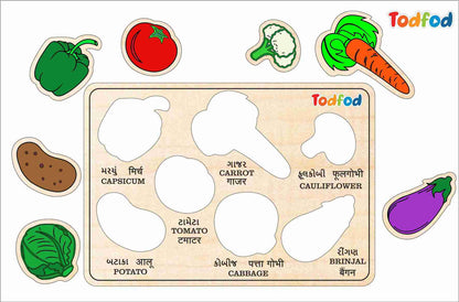 Wooden puzzle with vegetable shapes and labels on a beige background, featuring the brand 'Todfed'.
