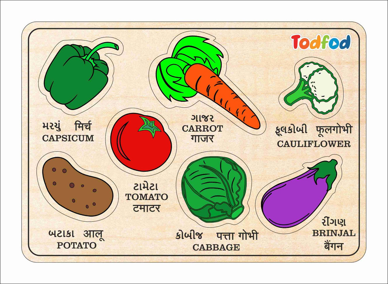 Wooden puzzle with colorful illustrations of vegetables and their names in English and Hindi.
