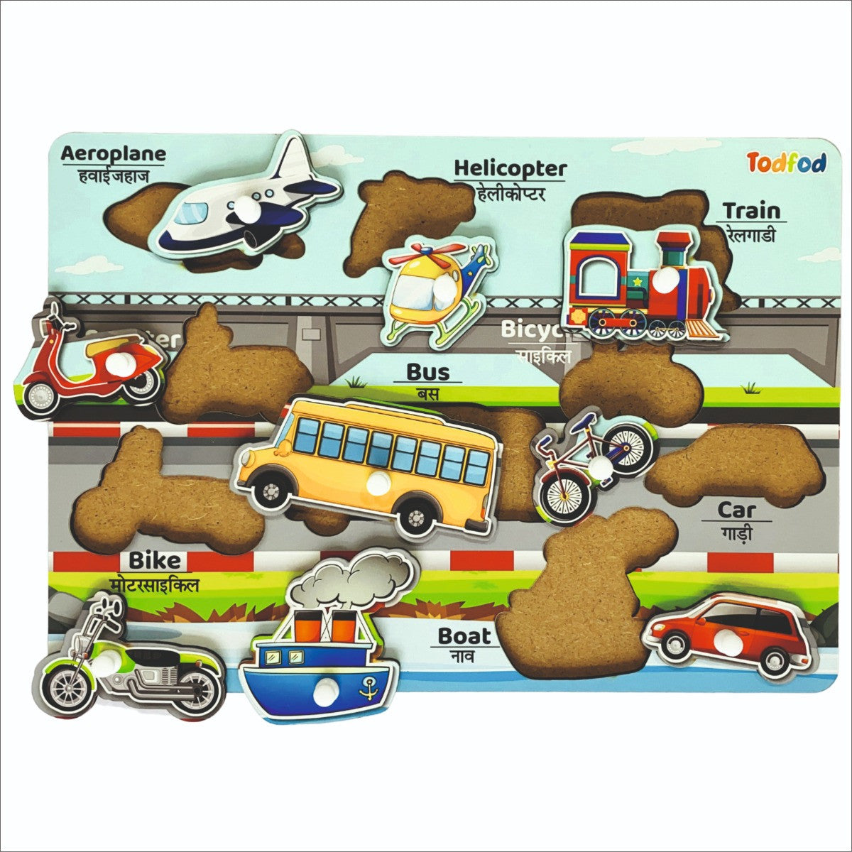 Educational toy with vehicle-themed wooden pieces on a colorful background