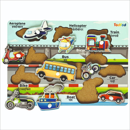Educational toy with vehicle-themed wooden pieces on a colorful background