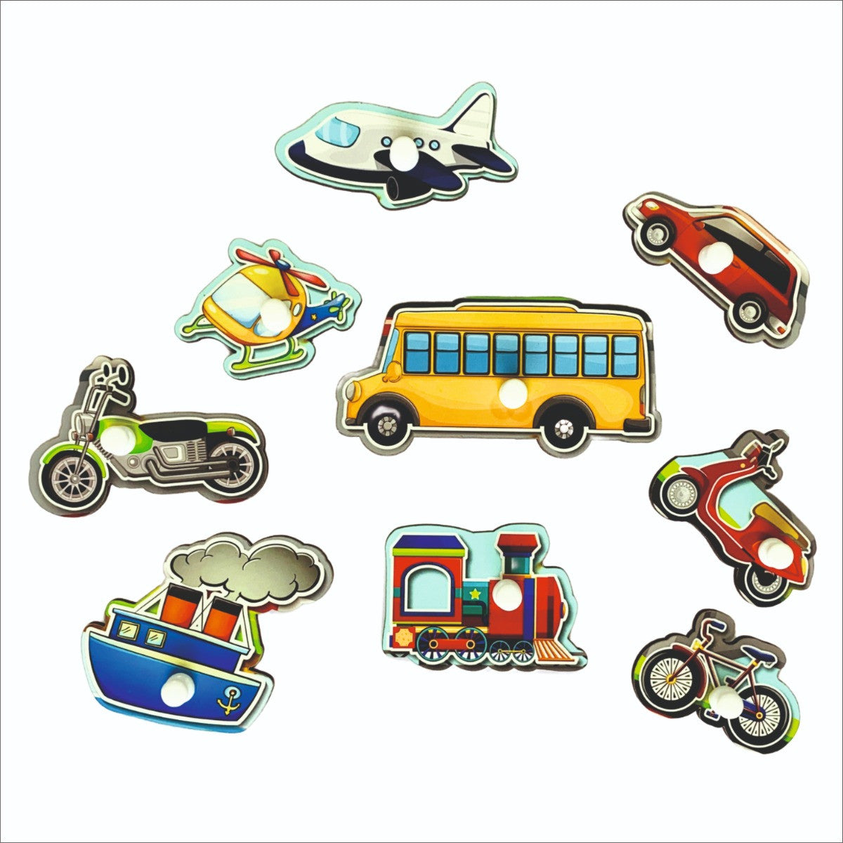Set of colorful toy vehicle magnets on a white background
