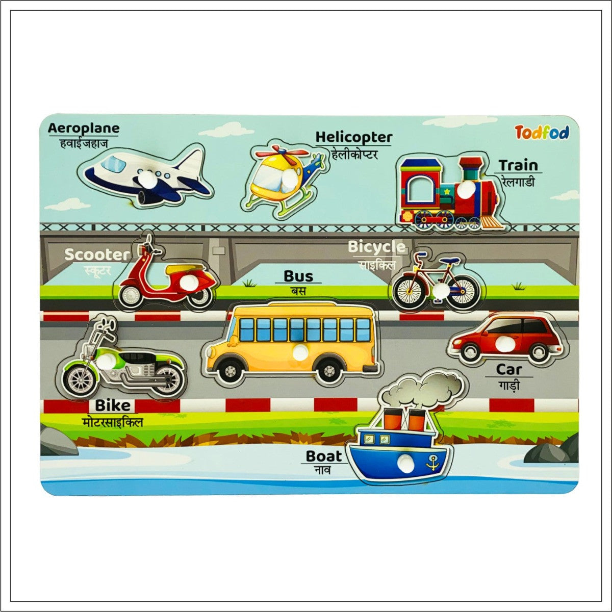 Educational poster with illustrations of various vehicles and their names in English and Hindi.