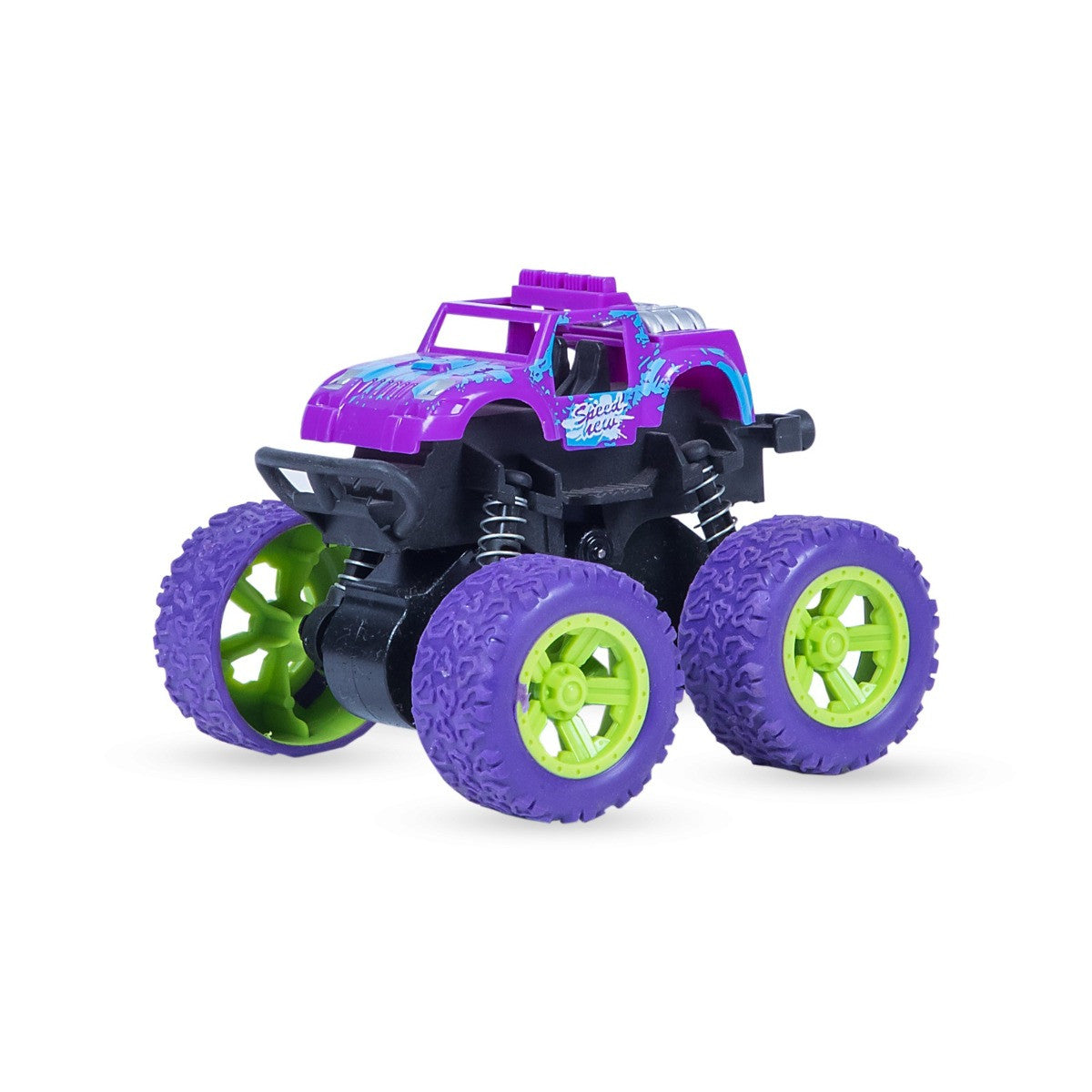 TodFod 4x4 Big Wheel Monster Truck Toy Cars – Set of 4 Pull Back Action Vehicles, 1:48 Scale, Purple Body with Green Wheels, Rugged Off-Road Design for Boys & Girls Ages 3+