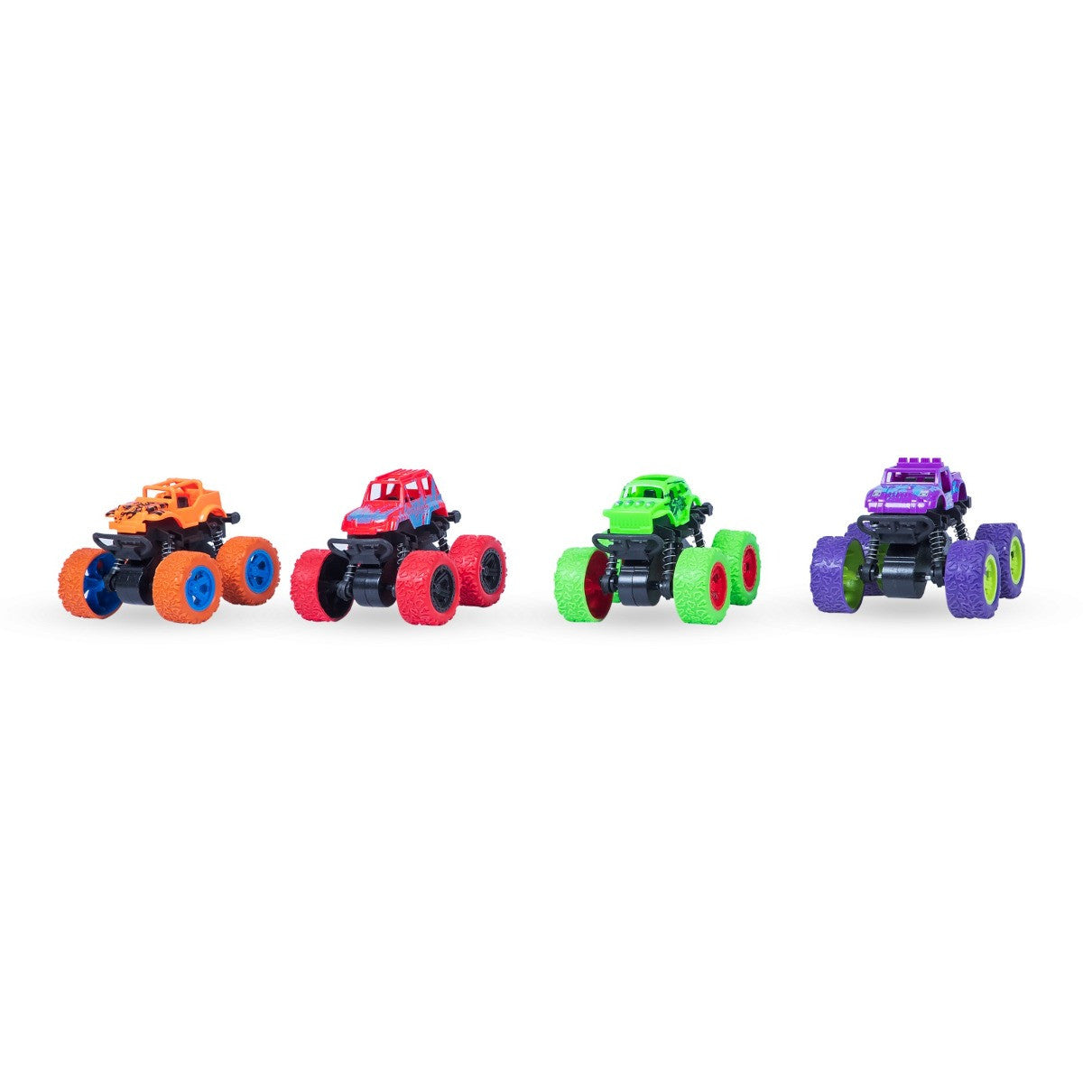 TodFod 4x4 Big Wheel Monster Truck Toy Cars – Set of 4 Pull Back Action Vehicles, 1:48 Scale, Purple Body with Green Wheels, Rugged Off-Road Design for Boys & Girls Ages 3+