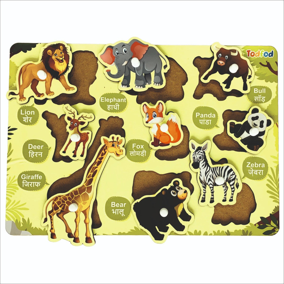 Educational animal puzzle with labels on a yellow background