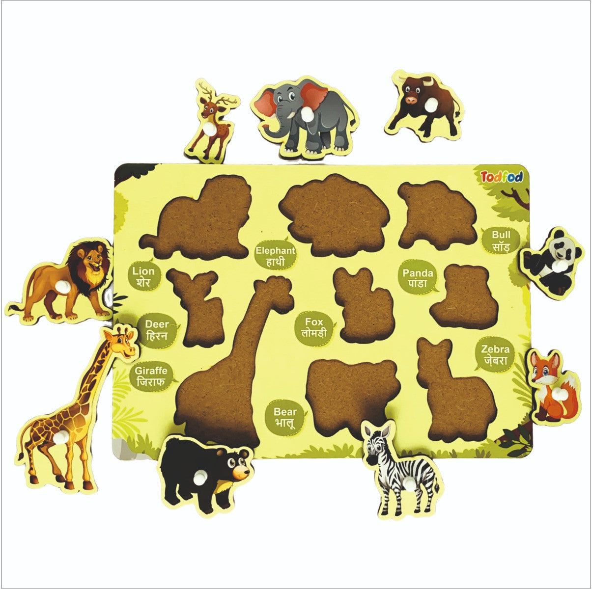 Children's animal puzzle with foam pieces and name labels on a white background