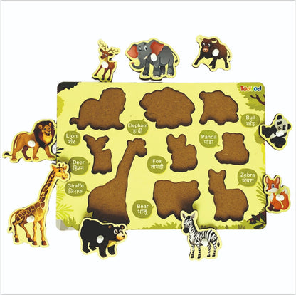 Children's animal puzzle with foam pieces and name labels on a white background