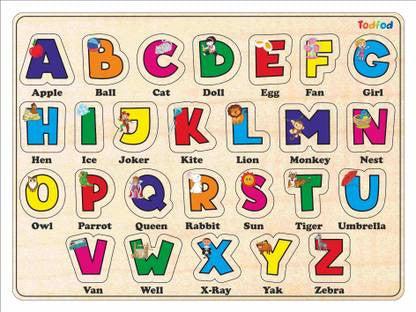 Todfod Wooden English Alphabet Puzzle Board for Kids – Colorful Educational Learning Toy with Easy|to|Grip Knobs, Multicolor Picture Backgrounds