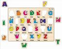 Alphabet chart with colorful letters on a wooden background