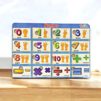 Educational number puzzle for children with colorful numbers and symbols on a blue background.