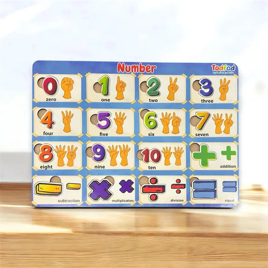 Educational number puzzle for children with colorful numbers and symbols on a blue background.