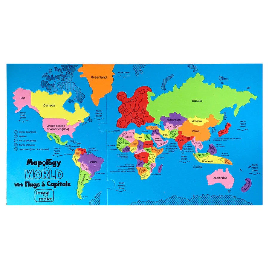 Colorful world map with countries labeled on a blue background, featuring Mapalogy branding.